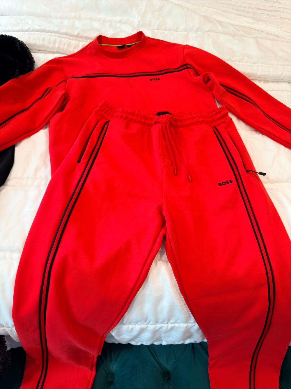 Hugo Boss Red Jogger Sweatshirt and Sweatpants with Black Stripe